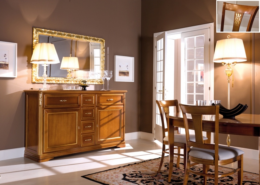 Credenza stile classico in finitura noce con dettagli oro, cm